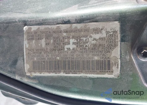 2000 Toyota Tundra Sr5 V8 z USA, uszkodzony, nr VIN 5TBRT3418YS001269